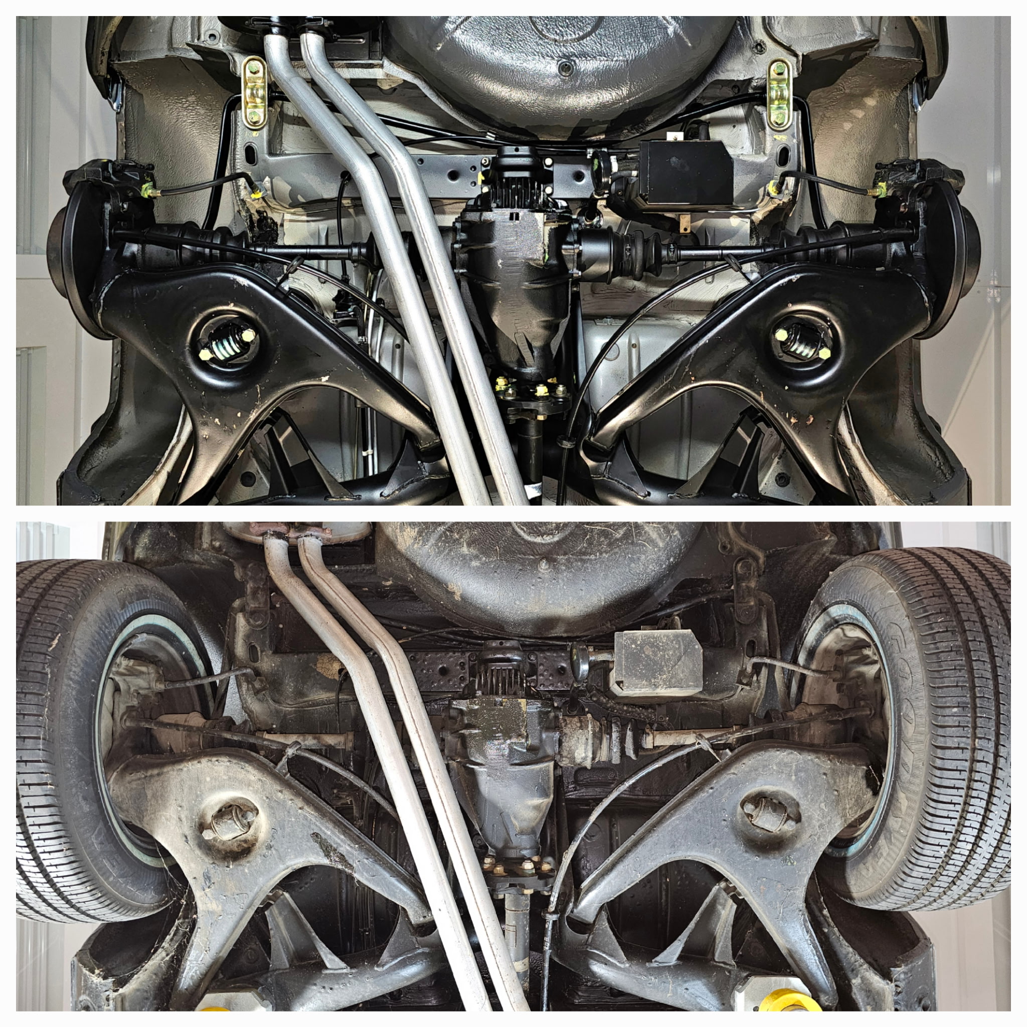 Before and after dry ice blasting on a rear cradle — rear suspension, differential, exhaust, and body panels cleaned at Frankman Motor Company in Sioux Falls, SD