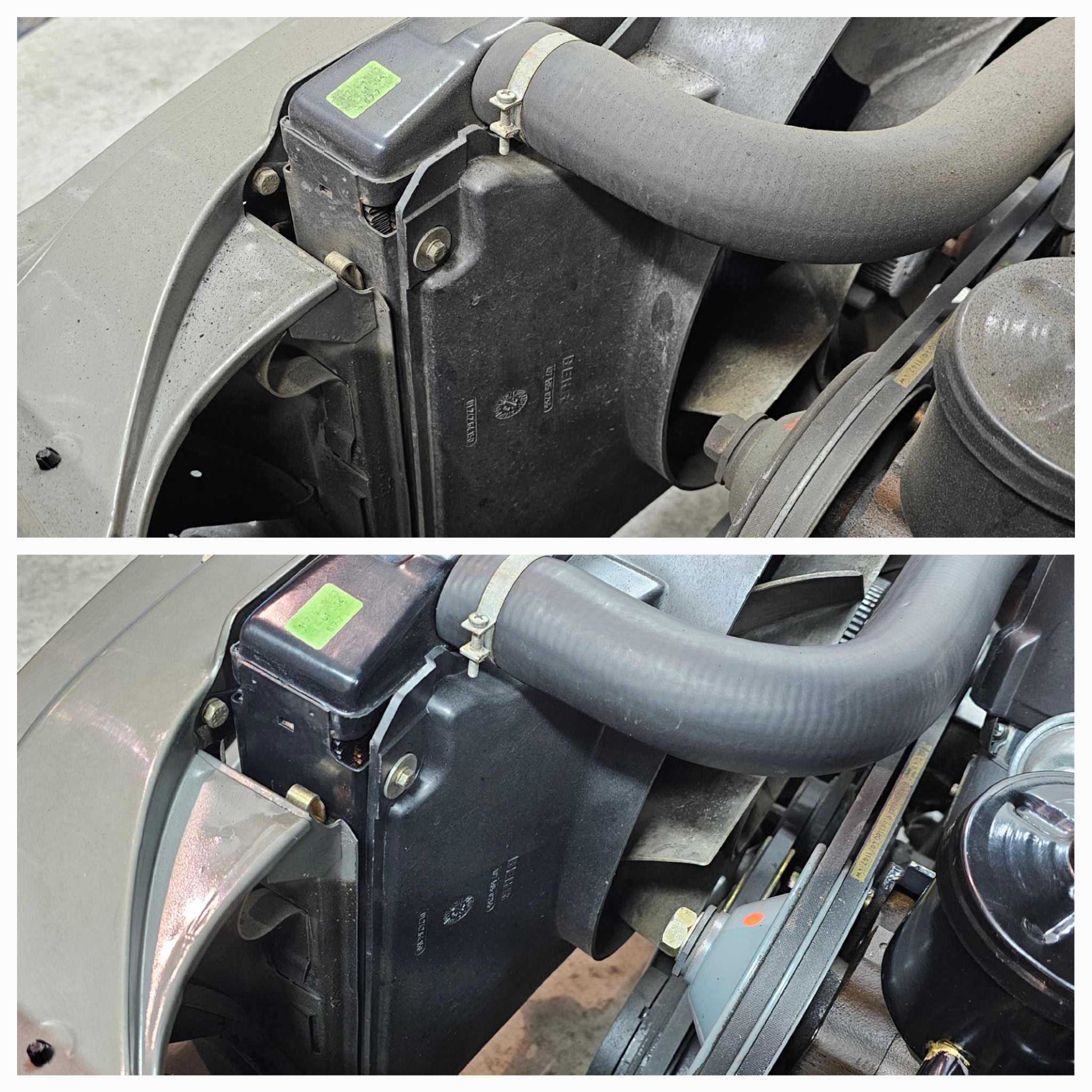Before and after dry ice blasting on a radiator and cooling hoses — proof that dry ice cleaning works safely on metal, plastic, and rubber materials