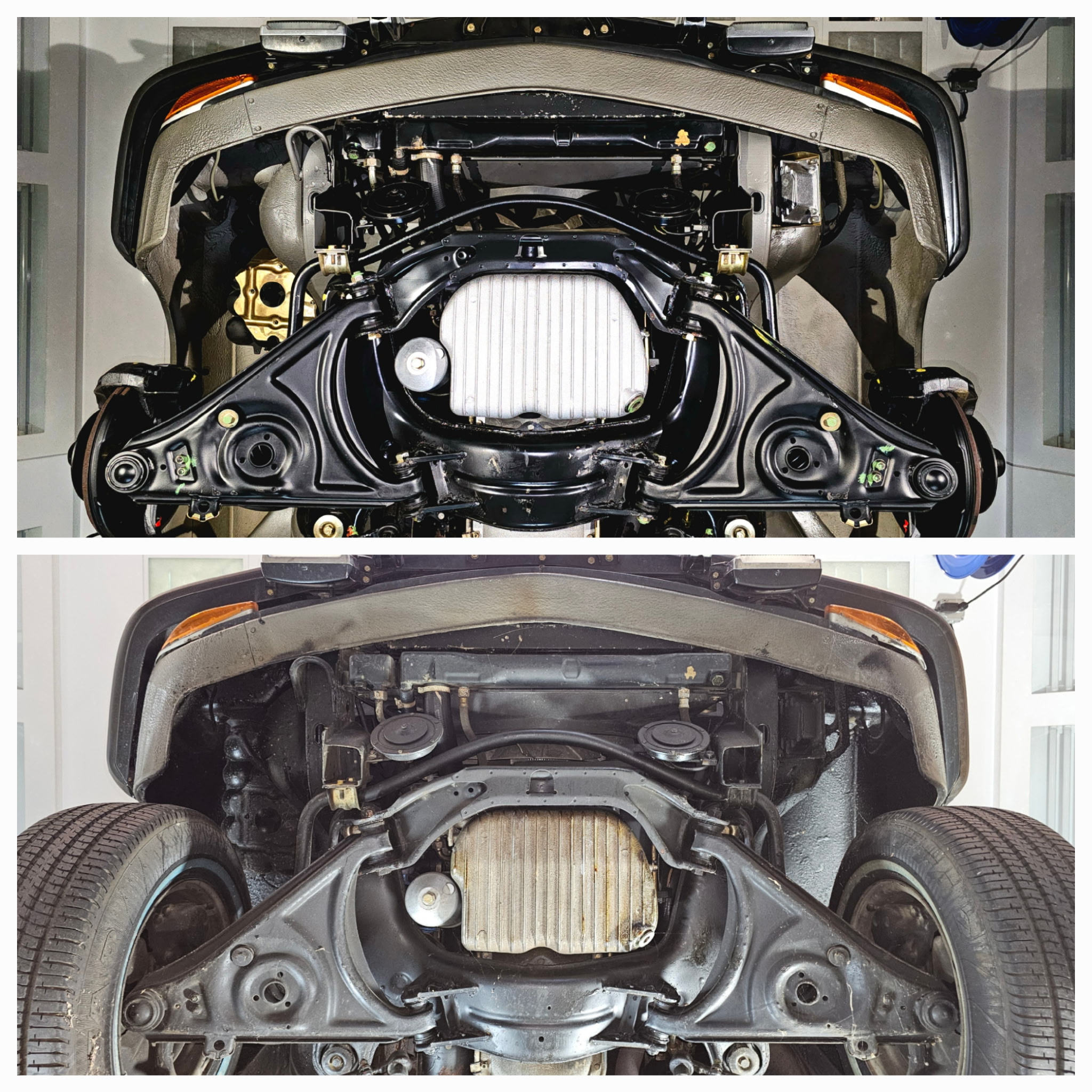 Before and after dry ice blasting on a front cradle — front suspension, engine, oil pan, and front valence cleaned to factory-fresh condition