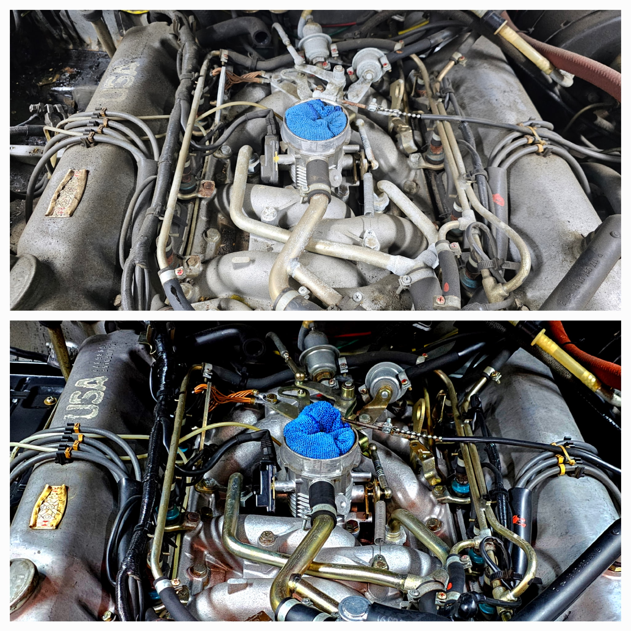 Before and after dry ice blasting on the top end of an engine — rubber, metal, paper stickers, zinc alloy fuel lines, and carburetor all cleaned without damage
