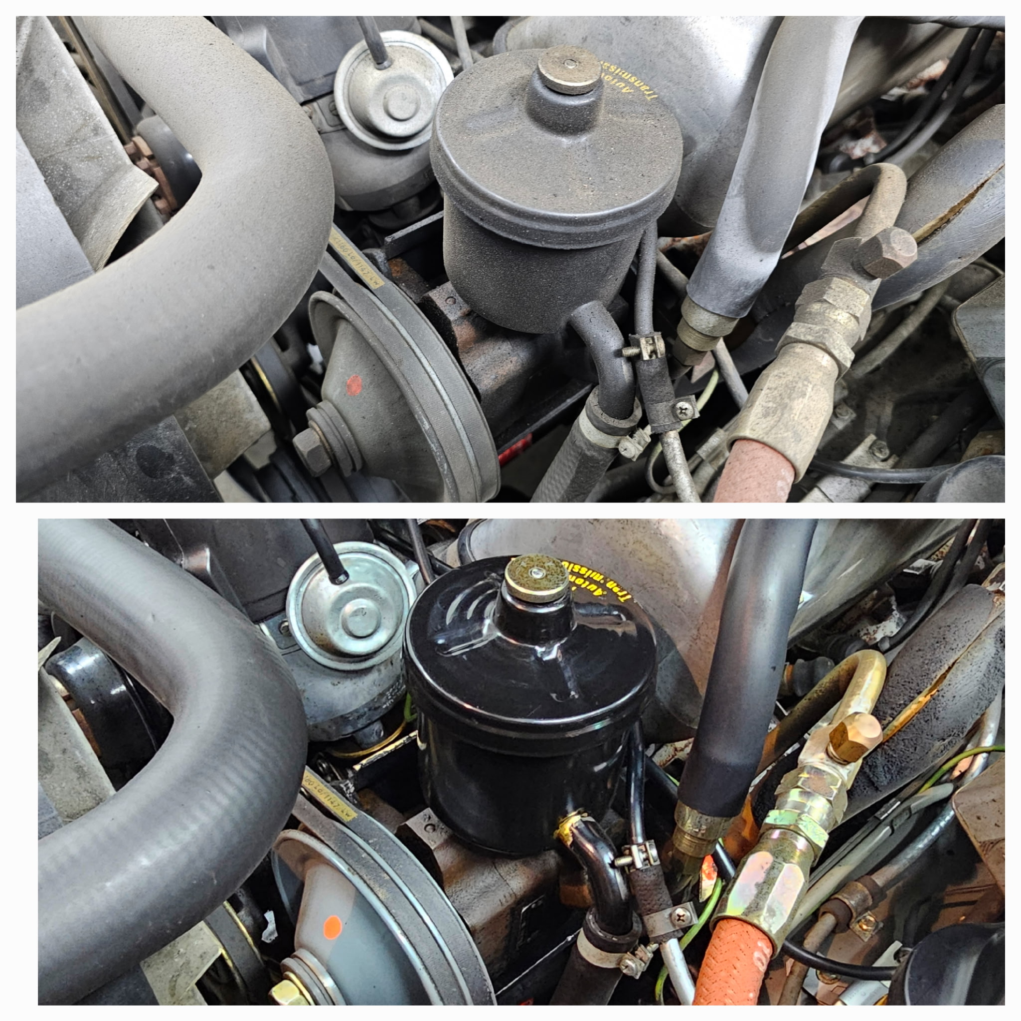 Close-up before and after of a dry ice blasted engine component showing detailed dry ice cleaning results from Frankman Motor Company