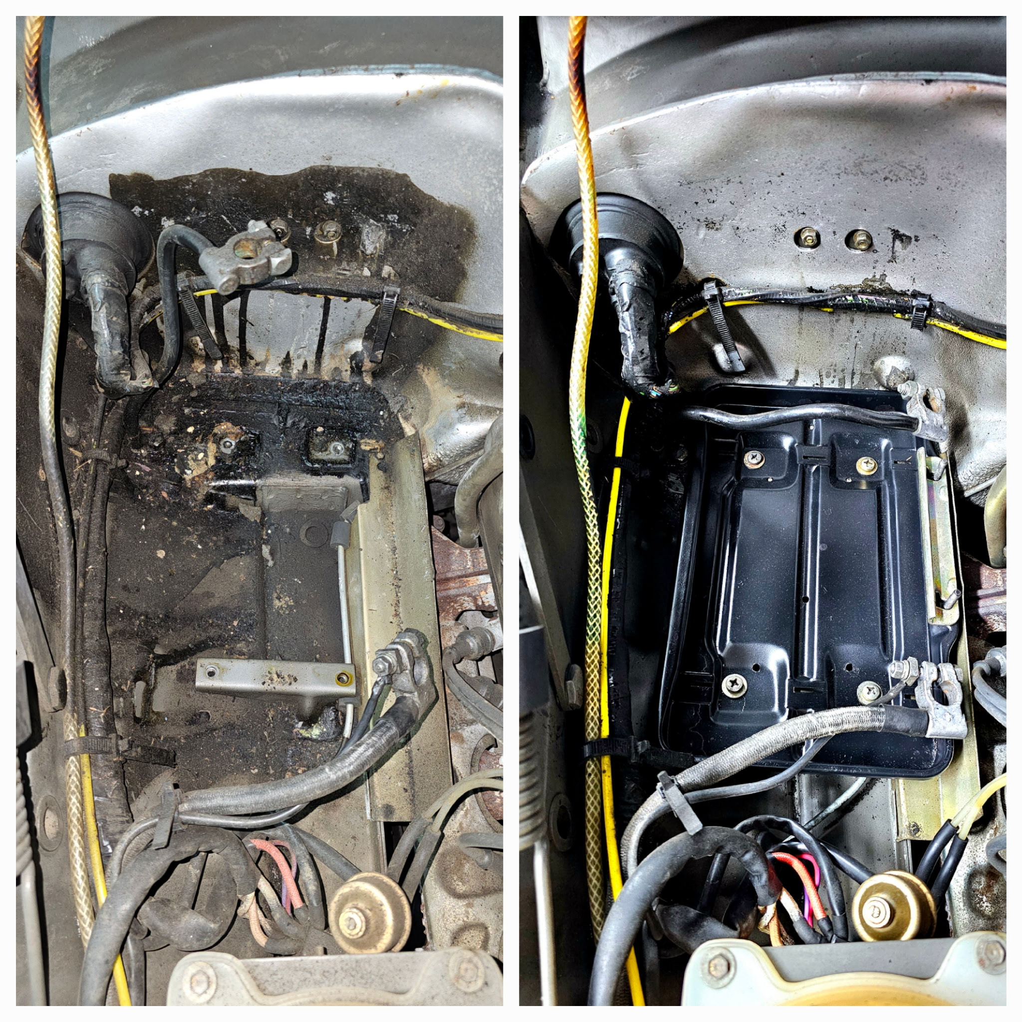 Before and after dry ice blasting on battery tray, firewall, and body panels in an engine compartment — Sioux Falls automotive cleaning