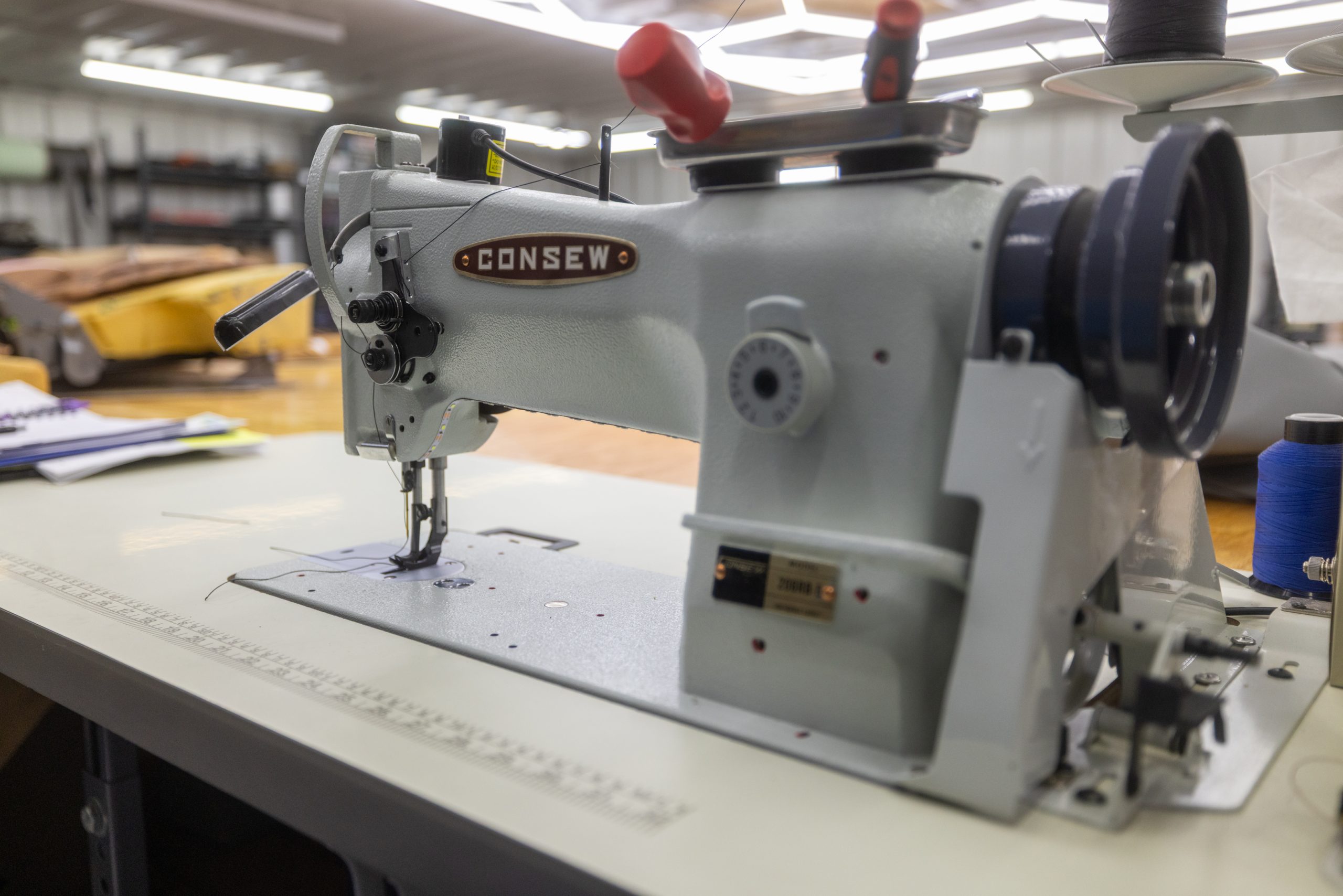 Industrial Consew sewing machine in the Frankman Motor Company auto upholstery shop near Sioux Falls